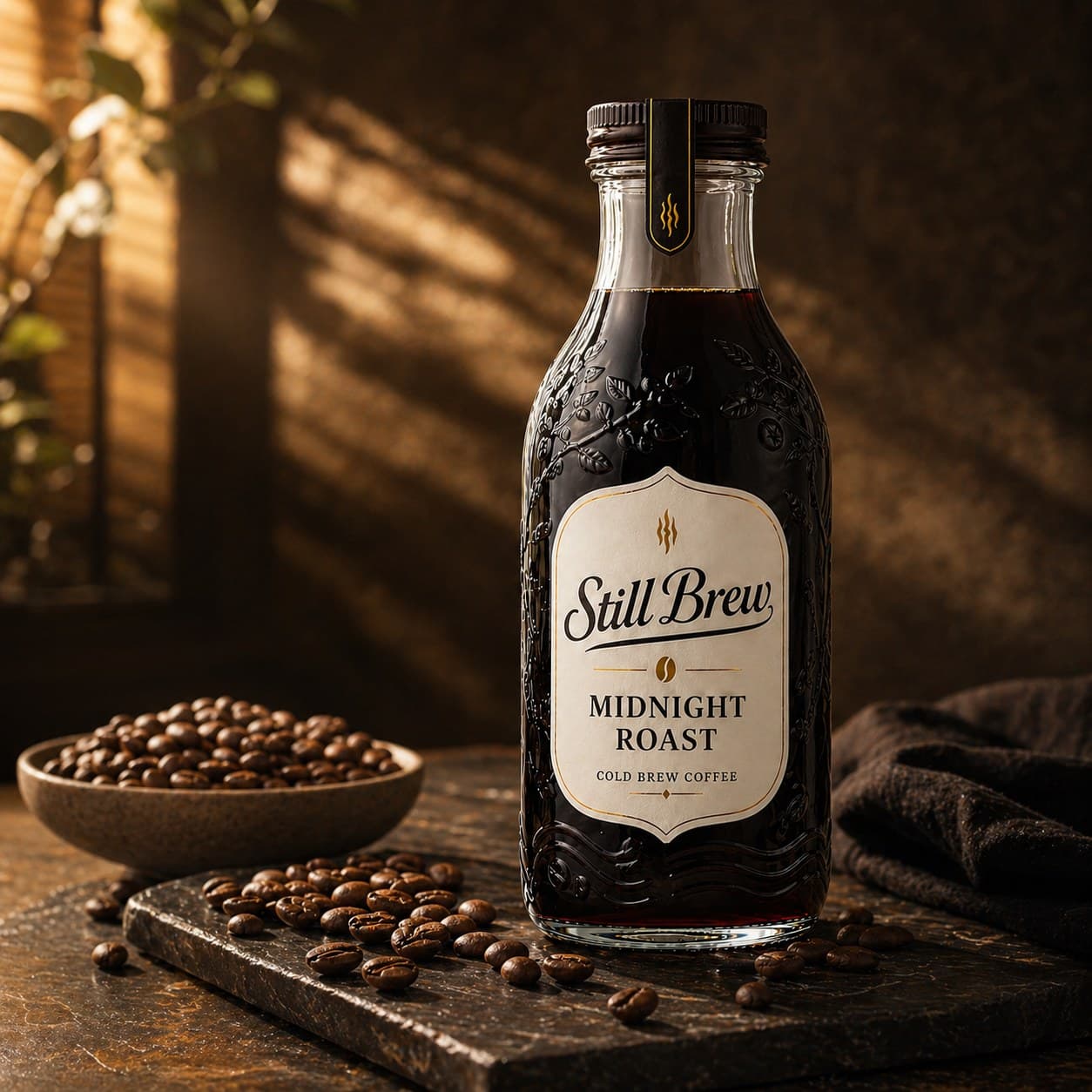 Flasche Still Brew auf einer Steinplatte mit Kaffeebohnen, warmes Streiflicht durch eine Jalousie