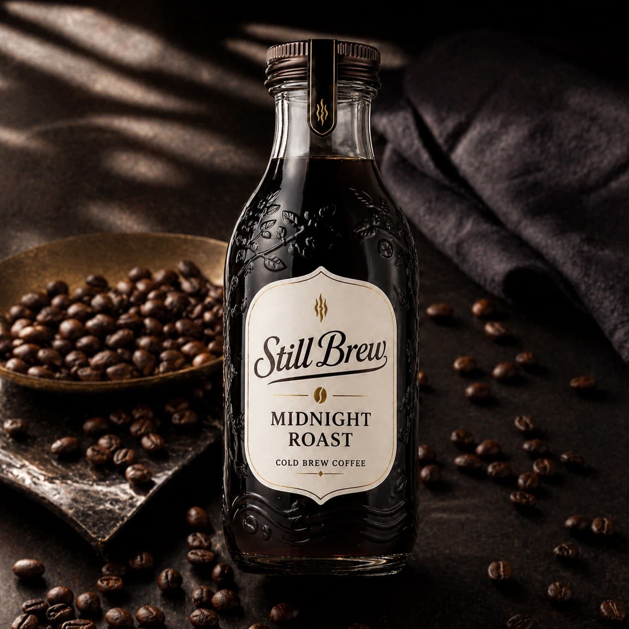 Dieselbe Flasche Still Brew in einer dunklen Szene mit Schattenspiel, Leinentuch und verstreuten Kaffeebohnen